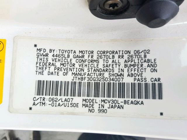 JTHBF30G325034007 - 2002 LEXUS ES 300 WHITE photo 10