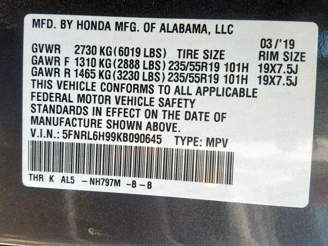 5FNRL6H99KB090645 - 2019 HONDA ODYSSEY EL CHARCOAL photo 10