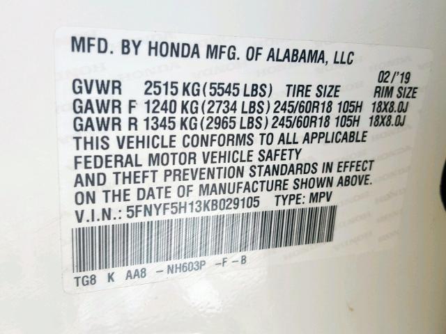 5FNYF5H13KB029105 - 2019 HONDA PILOT LX WHITE photo 10