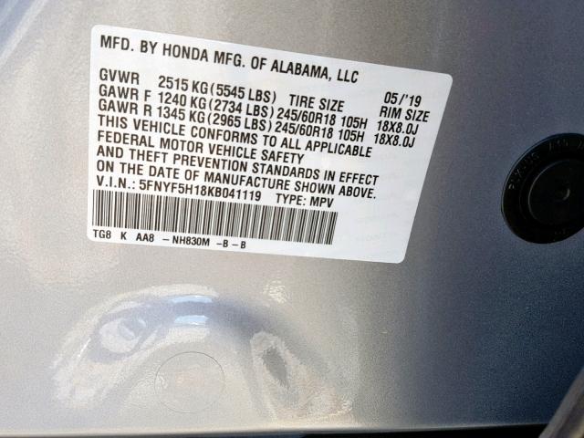 5FNYF5H18KB041119 - 2019 HONDA PILOT LX SILVER photo 10