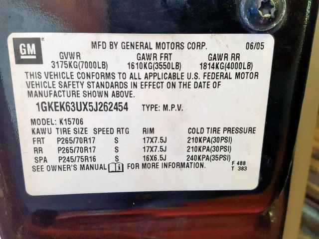 1GKEK63UX5J262454 - 2005 GMC YUKON DENA MAROON photo 10