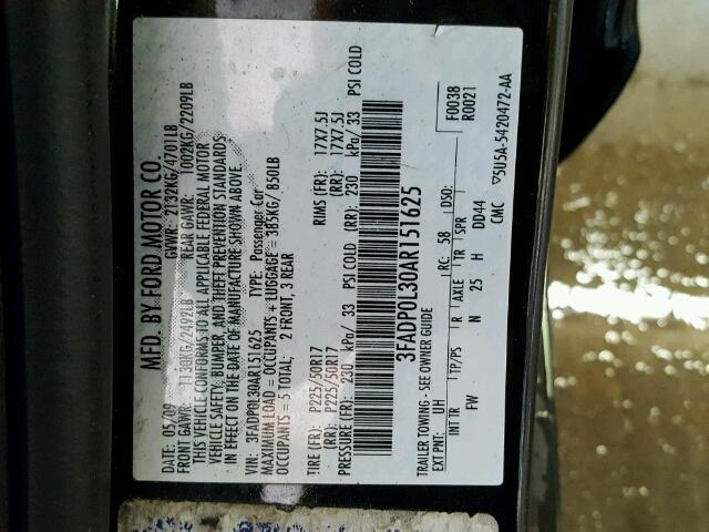 3FADP0L30AR151625 - 2010 FORD FUSION HYB BLACK photo 10