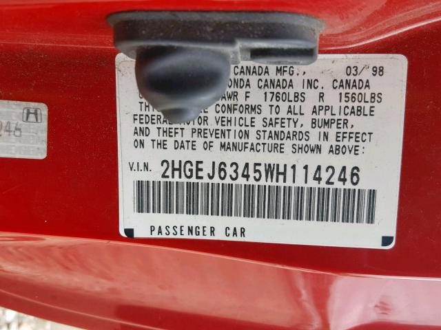 2HGEJ6345WH114246 - 1998 HONDA CIVIC DX RED photo 10