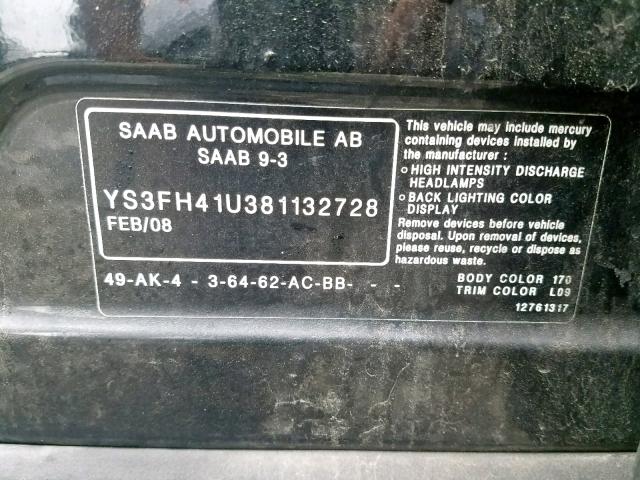 YS3FH41U381132728 - 2008 SAAB 9-3 AERO BLACK photo 10