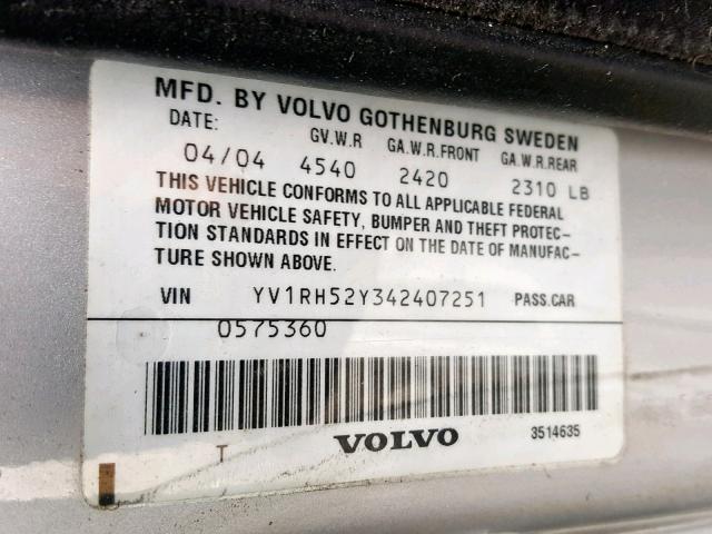 YV1RH52Y342407251 - 2004 VOLVO S60 R SILVER photo 10