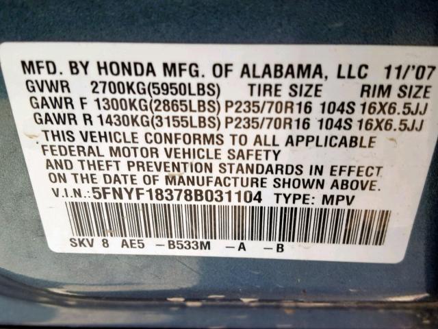 5FNYF18378B031104 - 2008 HONDA PILOT SE BLUE photo 10