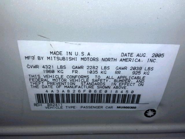 4A3AB26F06E018450 - 2006 MITSUBISHI GALANT DE WHITE photo 10