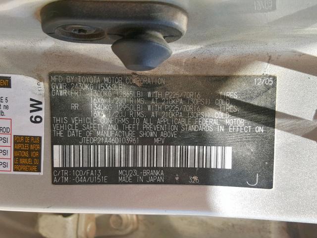 JTEDP21A460103961 - 2006 TOYOTA HIGHLANDER SILVER photo 10