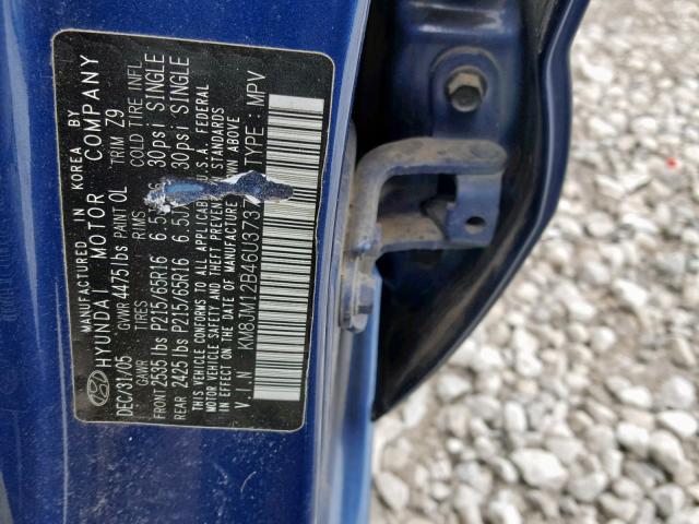 KM8JM12B46U373701 - 2006 HYUNDAI TUCSON GL BLUE photo 10