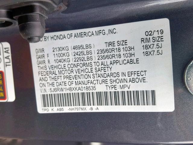 5J6RW1H8XKA018535 - 2019 HONDA CR-V EXL GRAY photo 10