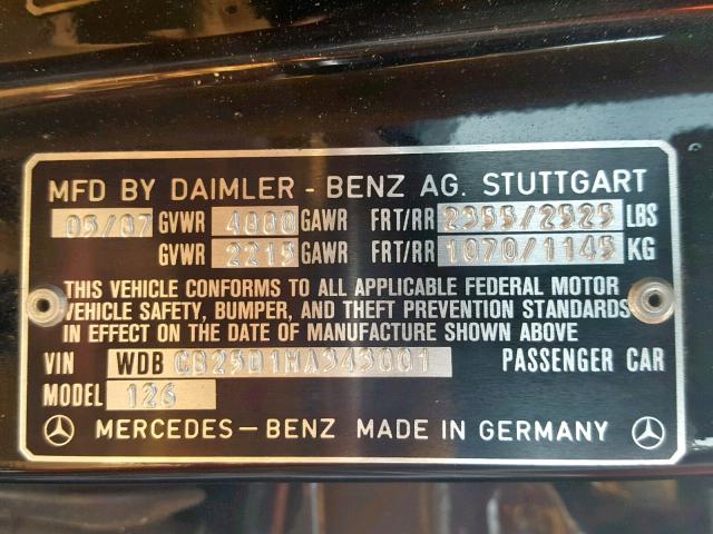 WDBCB25D1HA343001 - 1987 MERCEDES-BENZ 300 SDL BLACK photo 10