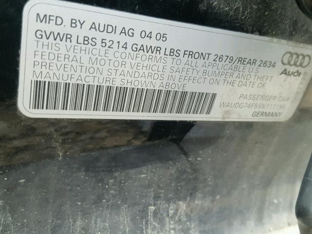 WAUDG74F55N117195 - 2005 AUDI A6 3.2 QUA BLACK photo 10