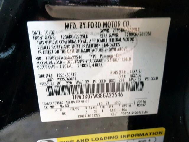 1FMDK07W38GA22546 - 2008 FORD TAURUS X E BLACK photo 10