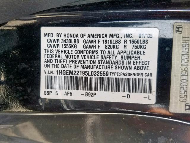 1HGEM22195L032559 - 2005 HONDA CIVIC DX V BLACK photo 10