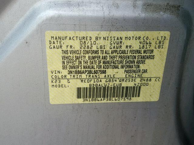 3N1BB6AP3BL607598 - 2011 NISSAN SENTRA SE- SILVER photo 10