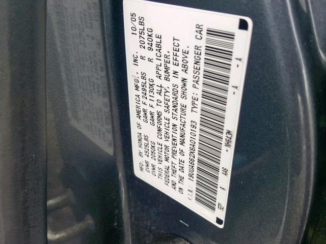 19UUA662X6A010193 - 2006 ACURA 3.2TL GRAY photo 10