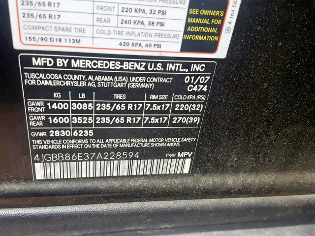 4JGBB86E37A228594 - 2007 MERCEDES-BENZ ML 350 BLACK photo 10