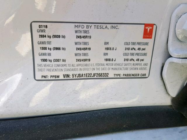 5YJSA1E22JF268332 - 2018 TESLA MODEL S WHITE photo 10