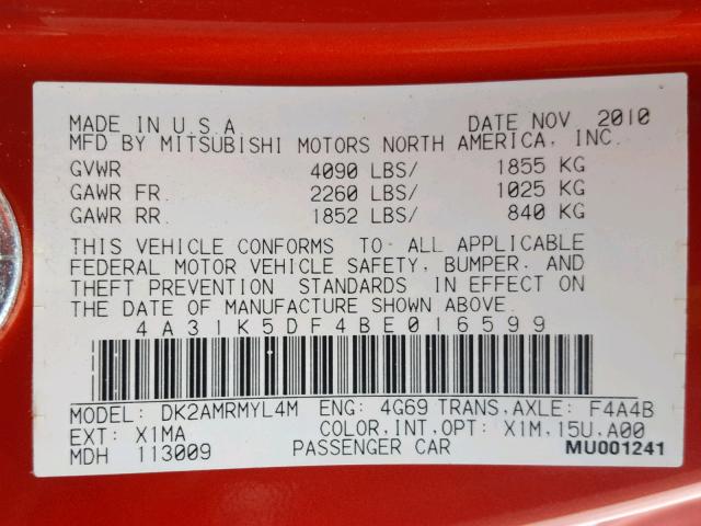 4A31K5DF4BE016599 - 2011 MITSUBISHI ECLIPSE GS ORANGE photo 10