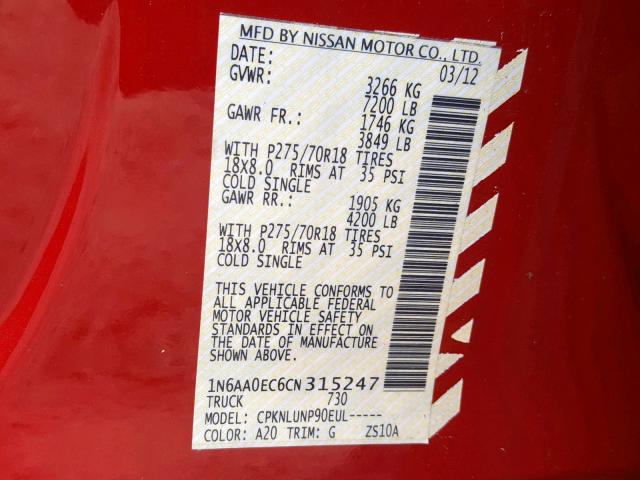 1N6AA0EC6CN315247 - 2012 NISSAN TITAN S RED photo 10