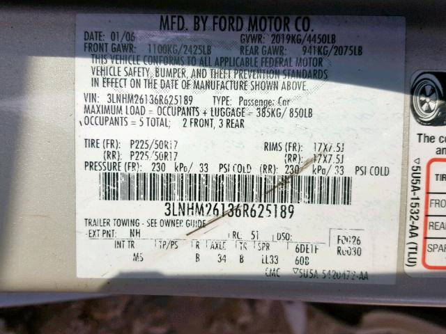 3LNHM26136R625189 - 2006 LINCOLN ZEPHYR BEIGE photo 10