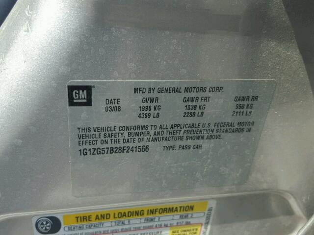 1G1ZG57B28F241566 - 2008 CHEVROLET MALIBU LS SILVER photo 10