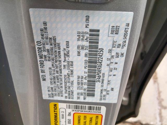 3FA6P0K9XGR224250 - 2016 FORD FUSION TIT SILVER photo 10