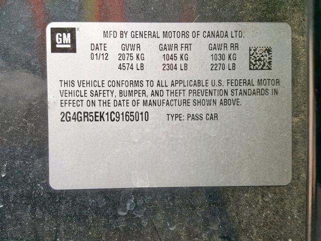 2G4GR5EK1C9165010 - 2012 BUICK REGAL GRAY photo 10