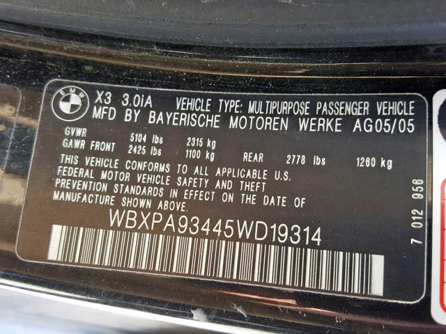 WBXPA93445WD19314 - 2005 BMW X3 3.0I BLACK photo 10