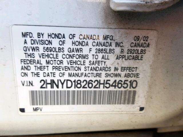 2HNYD18262H546510 - 2002 ACURA MDX WHITE photo 10