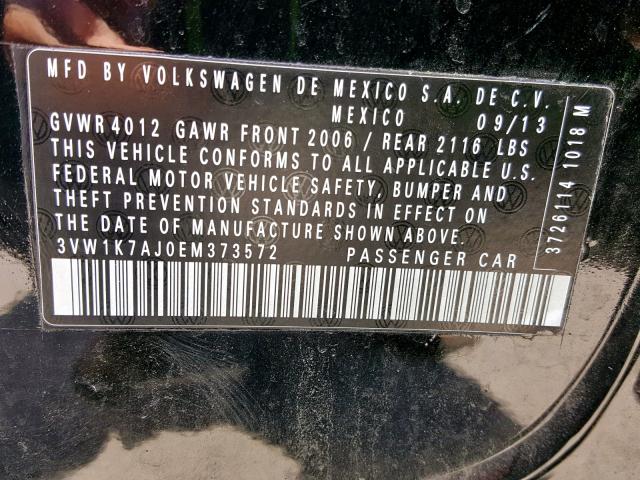 3VW1K7AJ0EM373572 - 2014 VOLKSWAGEN JETTA BASE BLACK photo 10