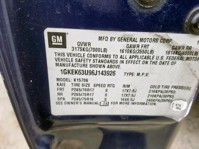 1GKEK63U96J143926 - 2006 GMC YUKON DENA BLUE photo 10