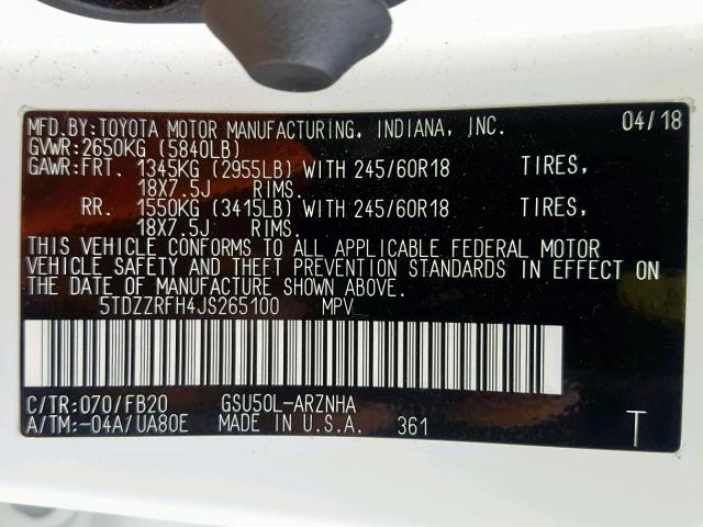 5TDZZRFH4JS265100 - 2018 TOYOTA HIGHLANDER WHITE photo 10