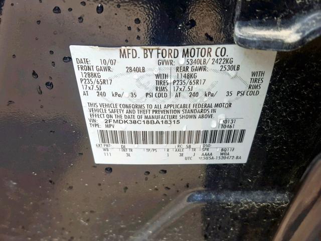 2FMDK38C18BA18315 - 2008 FORD EDGE SEL BLACK photo 10