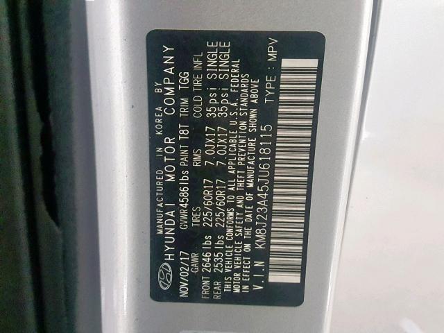 KM8J23A45JU618115 - 2018 HYUNDAI TUCSON SE SILVER photo 10