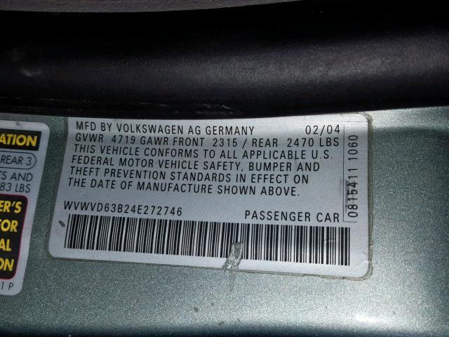 WVWVD63B24E272746 - 2004 VOLKSWAGEN PASSAT GLS SILVER photo 10