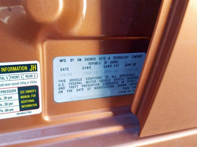 KL1TD566X6B676034 - 2006 CHEVROLET AVEO BASE Narıncı foto 10