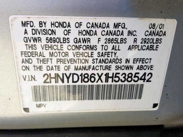 2HNYD186X1H538542 - 2001 ACURA MDX TOURIN GRAY photo 10