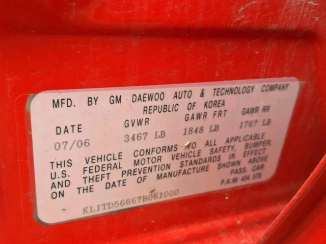 KL1TD56667B061000 - 2007 CHEVROLET AVEO BASE Qırmızı foto 10