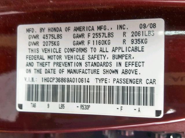 1HGCP36869A010614 - 2009 HONDA ACCORD EXL MAROON photo 10