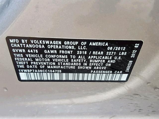 1VWBP7A36CC104725 - 2012 VOLKSWAGEN PASSAT SE SILVER photo 10