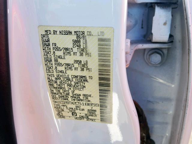 5N1ED28TX2C518859 - 2002 NISSAN XTERRA XE WHITE photo 10