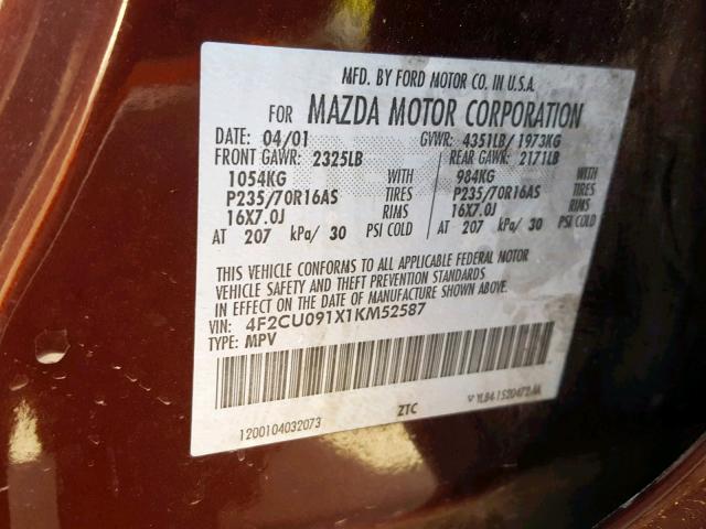 4F2CU091X1KM52587 - 2001 MAZDA TRIBUTE LX MAROON photo 10