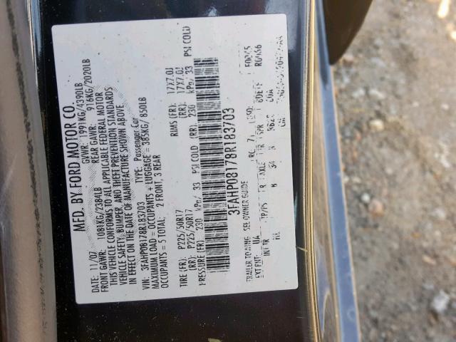 3FAHP08178R183703 - 2008 FORD FUSION SEL BLACK photo 10