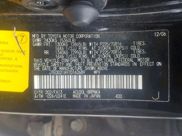 JTEDD21A970162689 - 2007 TOYOTA HIGHLANDER BLACK photo 10