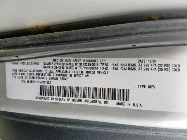 4S4BP61C757361932 - 2005 SUBARU LEGACY OUT SILVER photo 10