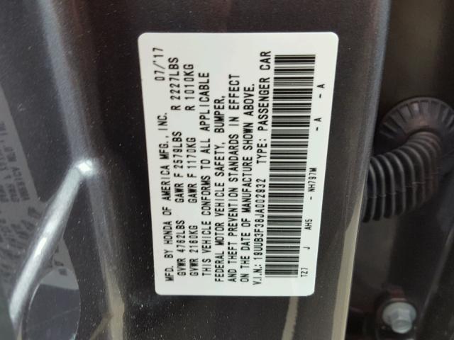 19UUB3F38JA002932 - 2018 ACURA TLX GRAY photo 10