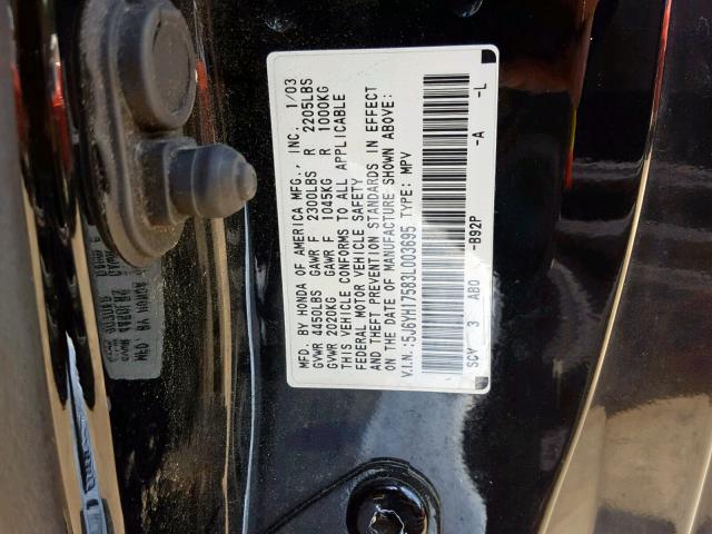 5J6YH17583L003695 - 2003 HONDA ELEMENT EX BLACK photo 10