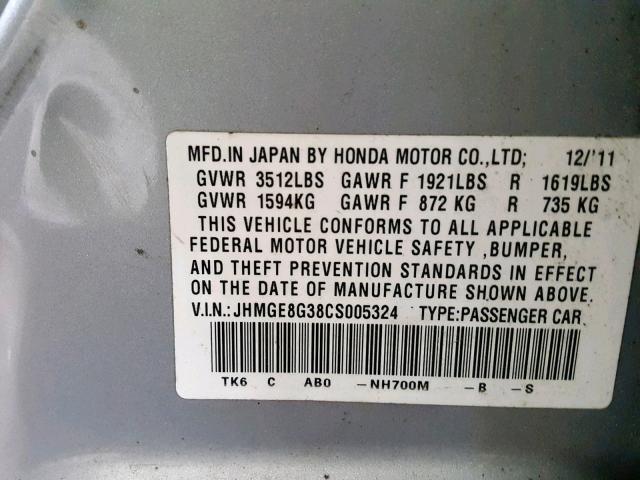 JHMGE8G38CS005324 - 2012 HONDA FIT SILVER photo 10