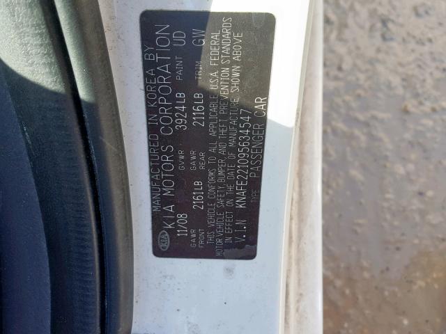 KNAFE221095634547 - 2009 KIA SPECTRA EX WHITE photo 10